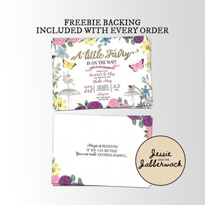 May include: A pink and white invitation with floral designs and a fairy illustration. The text reads "A little Fairy is on the way!" and includes the names "Summer & Clay" and "Elodie May". The invitation is for a baby shower on August 2nd from 3-5 PM at the Fairy Garden Enchanted Forest. The back of the invitation has a quote about magic and a logo that says "Jessie and the Jabberwock".