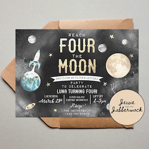 Reach Four the Moon 4th Birthday Invitation | UnFOURgettable, Out of this world party Invite | Space, Planets, Rocket Ship | FOURever Young