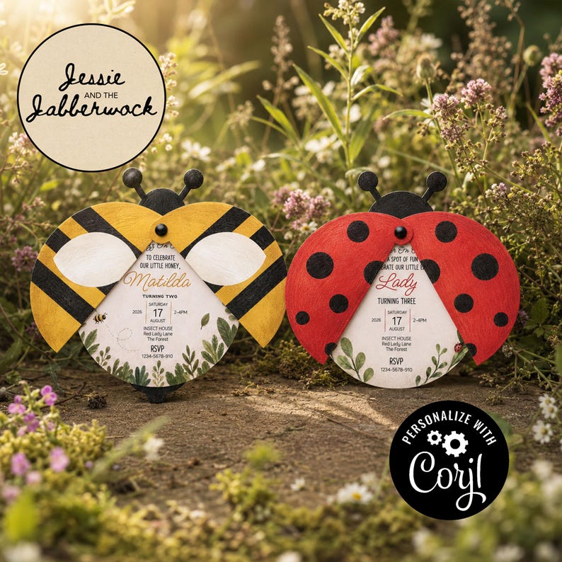 May include: Two circular invitation cards shaped like insects. One is a yellow and black striped bee with white wings, the other is a red ladybug with black spots. Both feature printed event details, including names, dates, and locations, with botanical illustrations at the bottom.