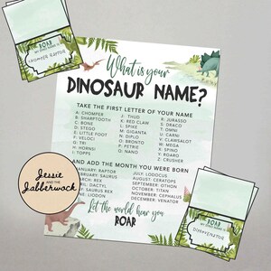 Qual é o seu nome de dinossauro? Jogo de festa para impressão, download instantâneo, 3-Rex Birthday Name Tent Labels Name generator | Three-Historic