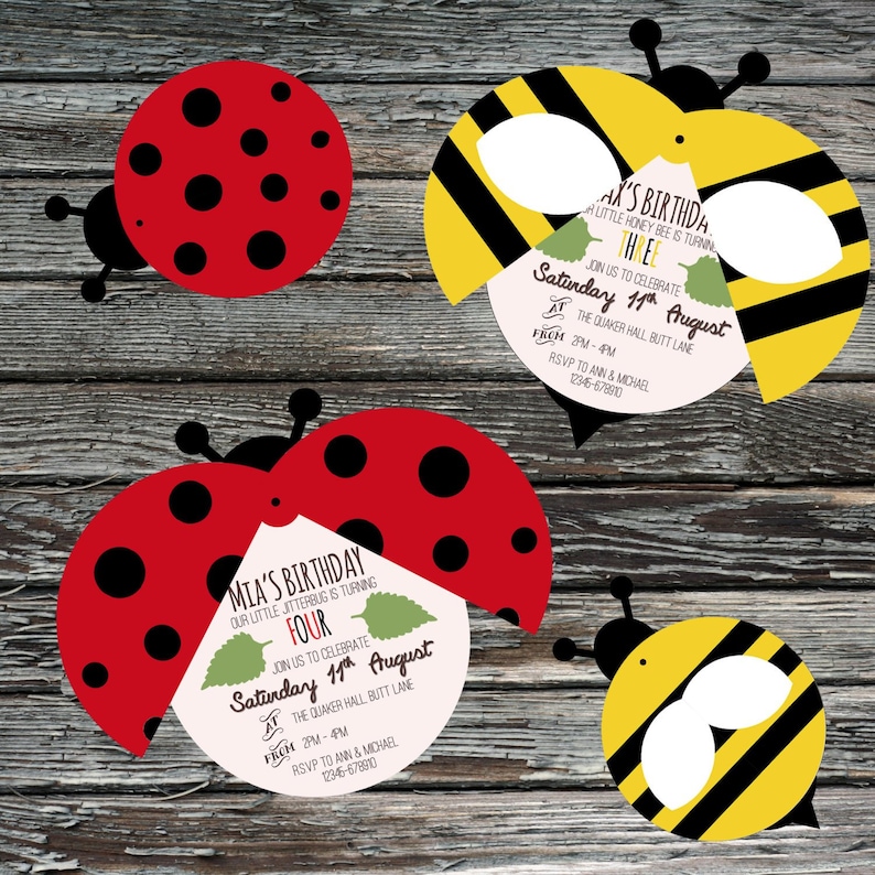 May include: Two ladybug and two bee shaped invitations for a birthday party. The invitations are red, black, yellow, and white. The text on the invitations reads "Mia's Birthday Our little jitterbug is turning Four Join us to celebrate Saturday 11th August At The Quaker Hall Butt Lane From 2PM-4PM RSVP to Ann & Michael 12345-678910" and "Ax's Birthday Our little honey bee is turning Three Join us to celebrate Saturday 11th August At The Quaker Hall Butt Lane From 2PM-4PM RSVP to Ann & Michael 12346-678910".