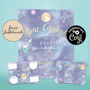 May include: A purple and blue watercolour background with stars and planets. The text "Time Capsule Launching in 2042 When Bella Turns 18" is written in gold lettering. The text "Personalize with Coryl" is written in black lettering on a black and white gear icon.