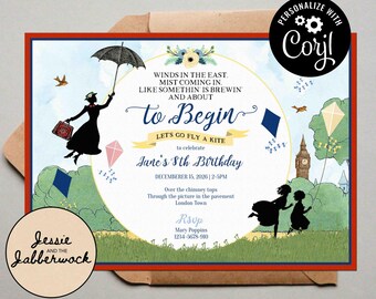 Mary Poppins Invite Template | Let's go fly a kite Invitation | A spoonful of sugar | Party in the Park | Baby Shower | Birthday Tea