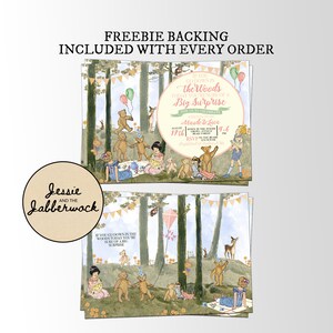 May include: A printable invitation for a children's party in the woods. The invitation features a whimsical illustration of teddy bears in a forest setting with a pink and green color scheme. The text on the invitation reads "If you go down in the woods today you're sure of a big surprise."  Join us to celebrate Maude & Luca August 17th 4-6 Down in the Woods Grove Avenue RSVP to the Bear.