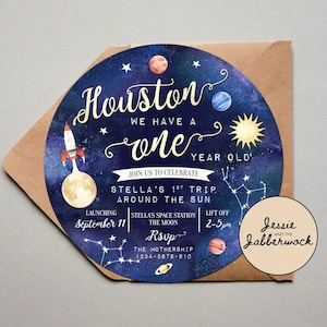 Houston we have a one year old! First Birthday Invitation, First trip around the Sun, Planets Party Invite, Rocket Ship, Out of this world