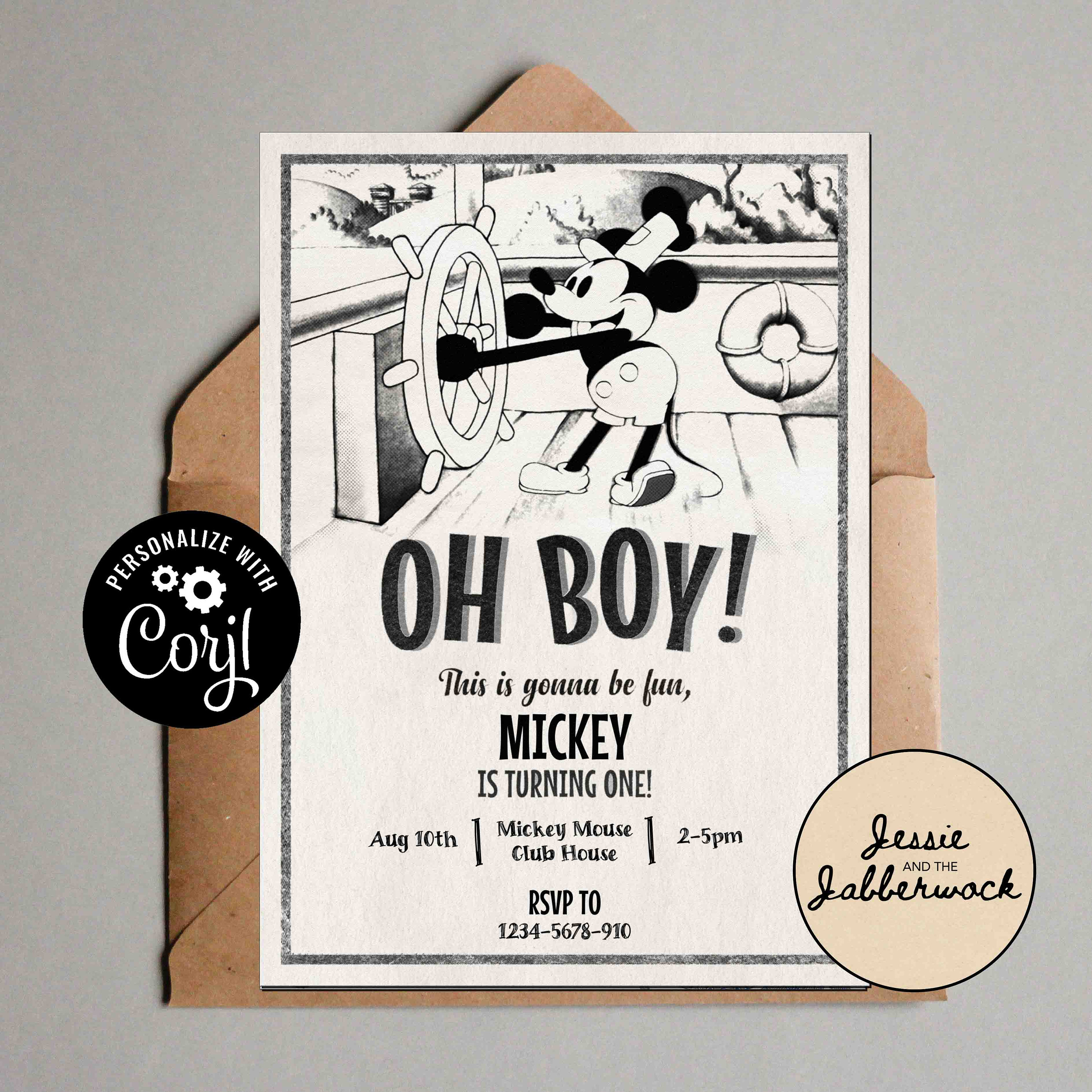 Oh Boy! Vintage Mickey Mouse 1st Birthday Invite template | Retro party invitation | Steamboat Willie | Black and White party