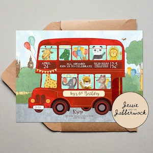 Vintage rode busuitnodiging, Wheels on the Bus verjaardagsuitnodiging, feestbeesten Londen, transportfeest, Wheely fun