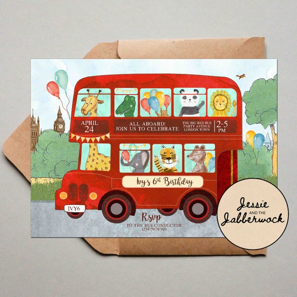 Vintage Red Bus Invite, Wheels on the Bus Birthday Invitation, London party animals, Transport Party, Wheely fun