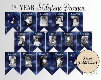 My 1st Year Monthly Photo Banner, Milestone Photo Bunting, Newborn - 12 Month printable banner, First trip round the sun 1st Birthday flags