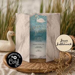 May include: A tri-fold invitation with a swan theme. The invitation features a swan illustration, the text "Swan Soiree", and event details. The invitation is displayed on a woven basket with a swan figurine and the text "Personalize with Corjl".