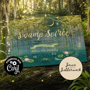 May include: A swamp-themed invitation with the words "Swamp Soirée" in gold script. The invitation features a bayou scene with lily pads, a crescent moon, and the text "Dreams Come True Down on the Bayou". Includes details for a 16th birthday.