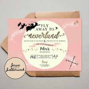 Pink Neverland Invitation, Second Star to the Right Straight on til Morning Invite, Peter Pan et Tinkerbell Party