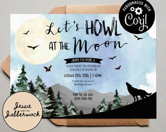 Wolf Invite Template  | Howl at the Moon Birthday Invitation | Autumn Winter Invite | She wolf| Halloween Party Invite | Werewolf Party Bats