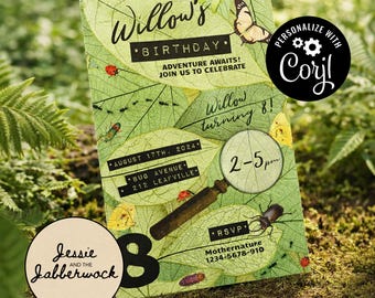 May include: A green and white birthday invitation with a leaf and bug theme. The invitation includes the text "Willow's Birthday" and "Adventure Awaits! Join us to Celebrate". The invitation also includes the date, time, and location of the party.