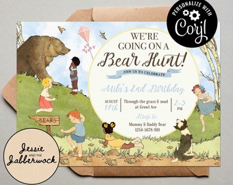 Vamos fazer um convite para caça ao urso, convite para trilha natural, festa de piquenique, aniversário fora da floresta | Design editável Corjl | Download instantâneo
