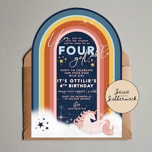 Rainbow Invitation | 4th Birthday Unicorn Invite | Un-FOUR-gettable Arc shaped | Magical | Stars