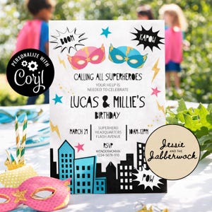 Peut inclure: Invitation de fête d'anniversaire sur le thème des super-héros avec un fond blanc. L'invitation présente un masque de super-héros rose et bleu, des éclairs et le texte "Calling All Superheroes". Elle comprend les noms "Lucas & Millie's" et les détails de l'événement.