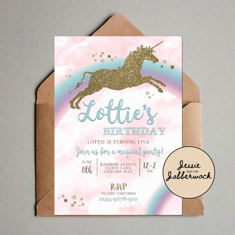 Unicorn Invite, Glitter, Rainbow Invitation, Tie dye, Magical creature, image 1