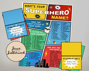 What's your Superhero Name? Printable, Instant download Party Game, Supers Birthday Party, Comic Book Name Tent Labels | Incredibles party