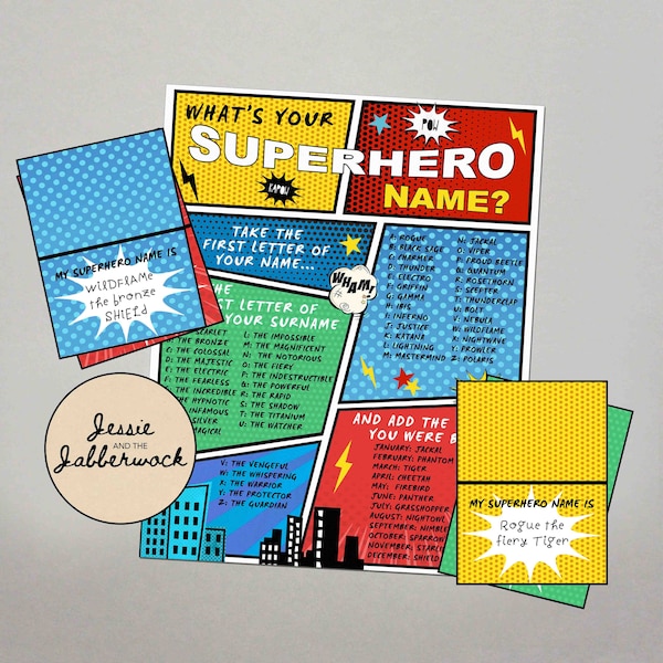 What's your Superhero Name? Printable, Instant download Party Game, Supers Birthday Party, Comic Book Name Tent Labels | Incredibles party