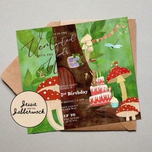 May include: A whimsical invitation for a 2nd birthday party with a woodland theme. The invitation features a mushroom with red and white spots, a birthday cake with candles, and a dragonfly. The text on the invitation reads "Jessie and the Jabberwock is in the Enchanted Woods, 2nd Birthday, August 2-5PM, Green Canopy Woodland Way, RSVP to Fairy Queen 1-5678-910".