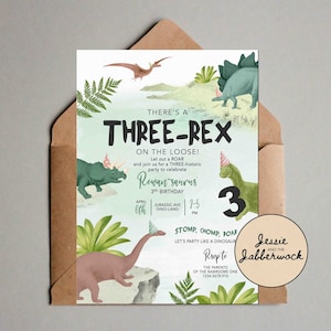 3-REX RAWWR 3rd Birthday Invite, Three-Historic Dinosaur party invitation | Stomp, Chomp, Roar, come party like a Dinosaur