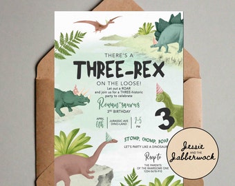 3-REX RAWWR 3rd Birthday Invite, Three-Historic Dinosaur party invitation | Stomp, Chomp, Roar, come party like a Dinosaur