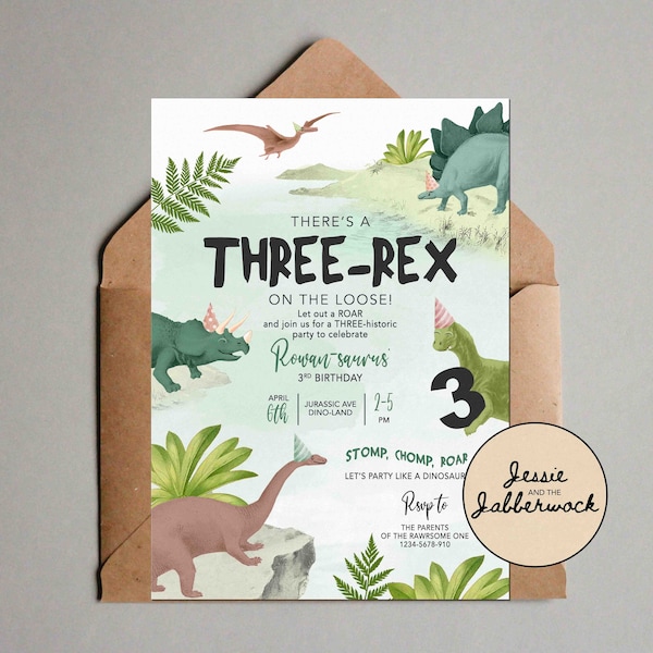 3-REX RAWWR 3rd Birthday Invite, Three-Historic Dinosaurier Partyeinladung | Stomp, Chomp, Roar, komm Party wie ein Dinosaurier