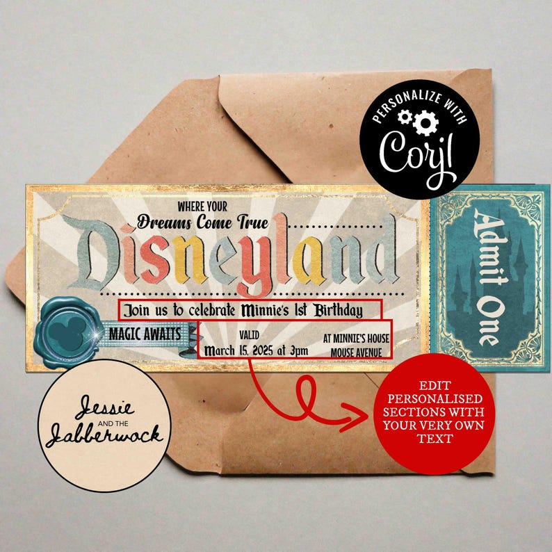 May include: A printable invitation for a child's birthday party. The invitation is designed to look like an old-fashioned ticket to Disneyland. The invitation is personalized with the text "Join us to celebrate Minnie's 1st Birthday" and "March 15, 2025 at 3pm".
