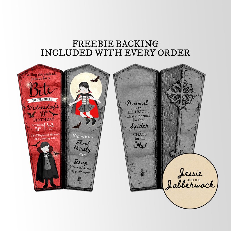 May include: A printable Halloween party invitation featuring a red and black coffin with a vampire and a witch. The text on the invitation reads "Calling the undead, join us for a Bite to celebrate Wednesday's 10th Birthday, October 31st, 5-8 PM, The Dilapidated Mansion, 0001 Cemetery Lane. It's going to be a blood thirsty affair! RSVP, Morticia Addams, 1234-5678-910". The invitation also includes a gray and black tombstone with the text "Normal is an illusion, what is normal for the spider is chaos for the fly!"