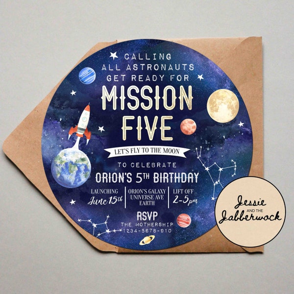 Space Mission Birthday Invitation, Galaxy Nebula, Round Planets Party Invite, Rocket Ship, Out of this world | ANY AGE!
