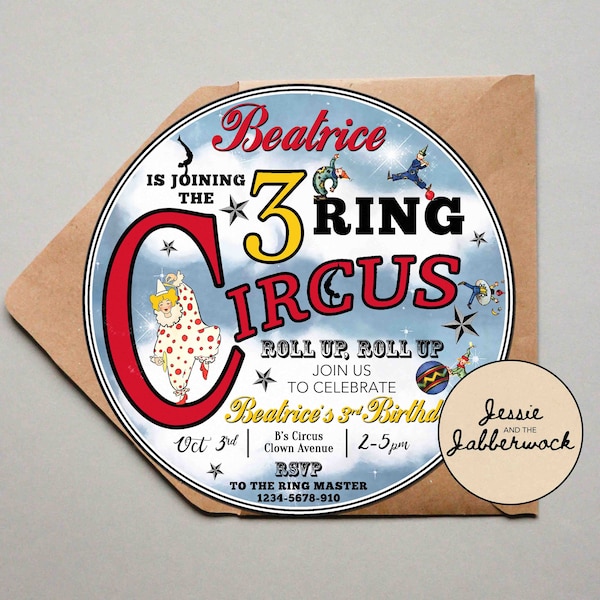 Three Ring Circus 3rd Birthday Invitation | Greatest Show Invite | Carnival Party | Cirque | Ringmaster | Acrobat | Third Birthday