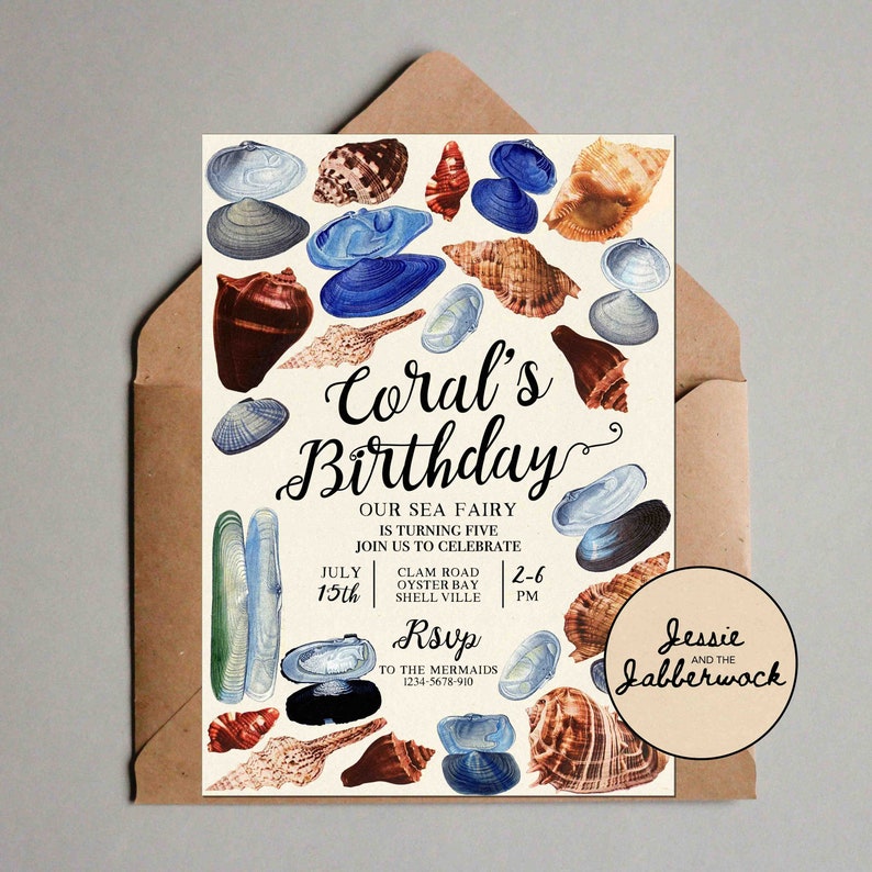 May include: A birthday invitation with a seashell theme. The invitation is for Coral's 5th birthday party. The invitation is decorated with colorful seashells and the text "Coral's Birthday". The invitation includes the date and time of the party, the location, and an RSVP contact.