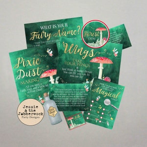 May include: A set of printable party decorations for a fairy-themed party. The decorations feature a green watercolor background with mushrooms, fairies, and gold lettering. The text includes "What is your Fairy Name?", "Pixie Dust Making", "Take Your Wings", "Forest Dew", and "Magical Things You Can Find".