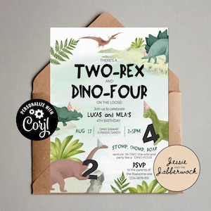 May include: A whimsical dinosaur-themed birthday invitation with the text "Two-Rex and Dino-Four." The invitation features illustrations of various dinosaurs, green foliage, and the event details, including the date, time, and RSVP information. The invitation is set against a light green background.