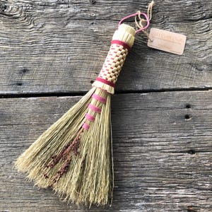 FREE SHIPPING Red/Pink Whisk Broom with Plaited Woven Handle, Appalachian Craft, housewarming anniversary, Sustainable ethical zero waste