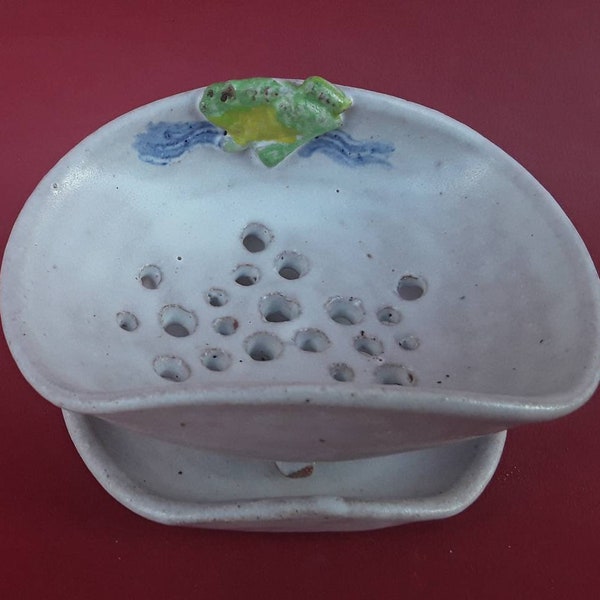 Soap dish, drainer, decorated with happy frog design, hand thrown stoneware, ceramic