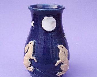 Midnight blue vase with 2 moongazing hares approx 22cm high, handthrown stoneware pottery ceramic