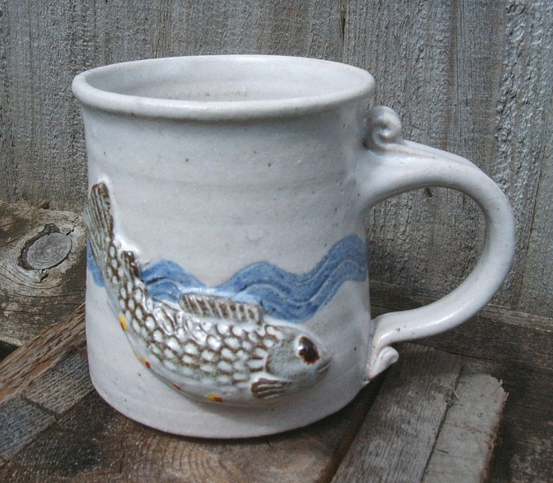 Hand Thrown and Decorated Stoneware Mug With Raised Fish Etsy
