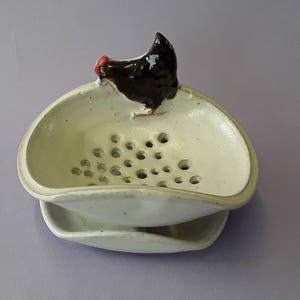 Stoneware pottery soap dish and saucer with chicken, hen. Hand thrown studio ceramic.