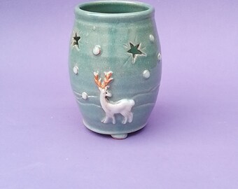 Hand thrown stoneware pottery christmas lantern with white reindeer and starsapprox 15cm x 8cm
