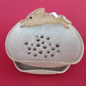 Soap dish,drainer with applied leaping hare, hand thrown stoneware pottery