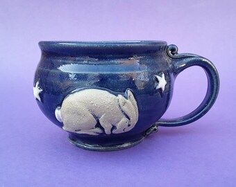 Big fat snuggly mug, sleeping hare under the stars, handthrown stoneware pottery ceramic,  350ml, 12fl oz