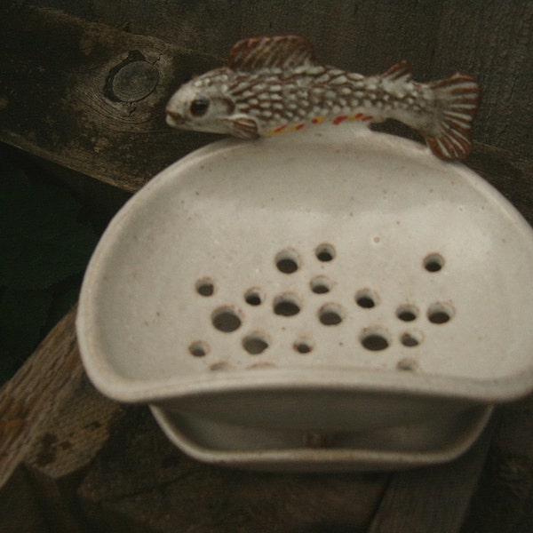 Soap dish and saucer, drainer, decorated with a fish, hand thrown stoneware 12.5cmx10.5cm