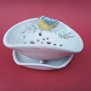 Soap dish and saucer, drainer, with blue bird decoration, handthrown stoneware pottery ceramic, approx 13cm x 10cm