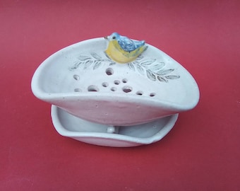 Soap dish and saucer, drainer, with blue bird decoration, handthrown stoneware pottery ceramic, approx 13cm x 10cm