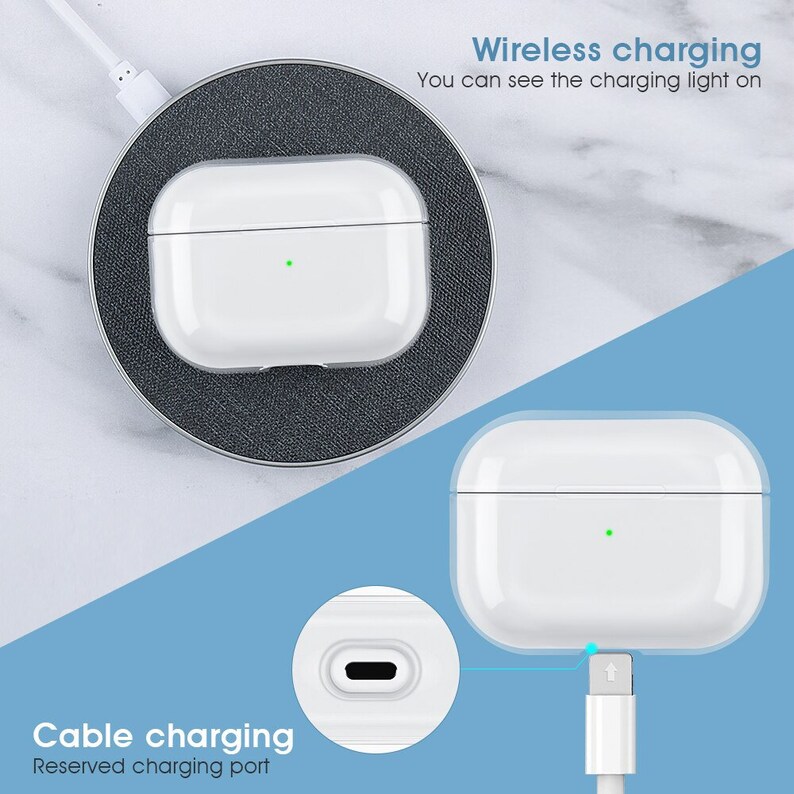 May include: White wireless charging case for AirPods with a green charging light. The case is on a black charging pad. The case can also be charged with a cable.