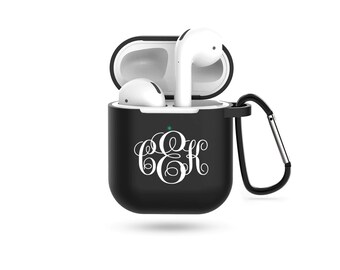 May include: Black Airpods case with a white monogram "C&K" and a black carabiner clip.