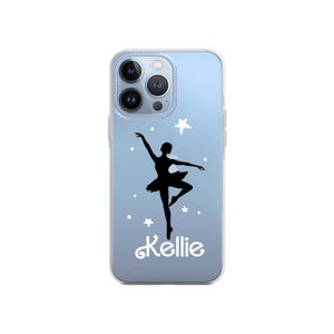 May include: A light blue phone case with a silhouette of a ballerina in a white tutu and a star. The name "Kellie" is printed in white below the ballerina.