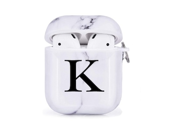Airpod Case Customized Large Initial White Marble Airpods 1/2 Case Personalized Gift Air pod case with Keychain Clip case Custom Initial